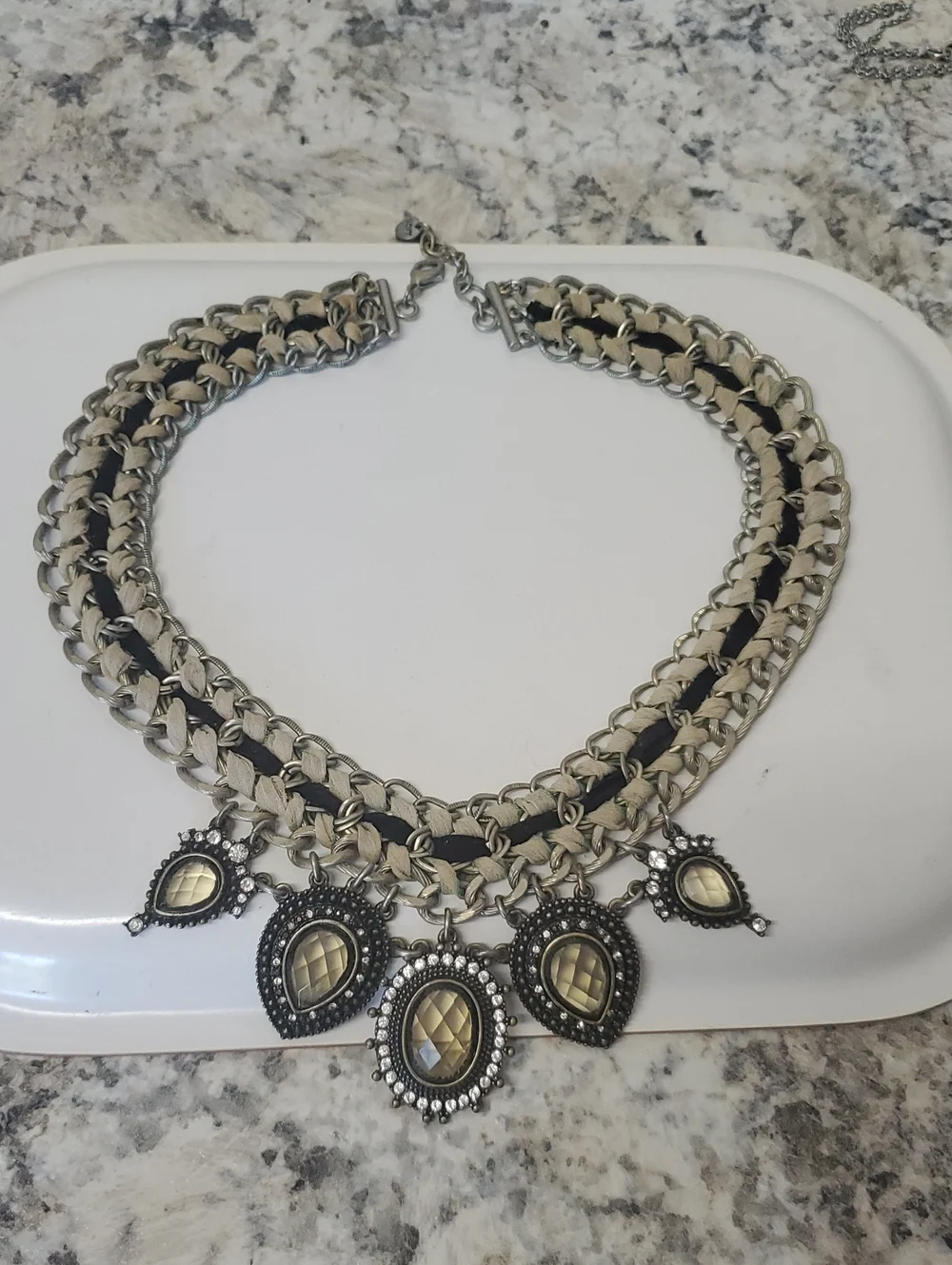 Statement Silver-Tone and Ivory Bib Necklace with Faceted Drops